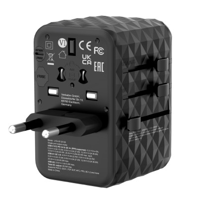 Verbatim GaN III Universal Travel Adapter (UTA-05 with 2 x USB-C PD & QC 4+ & 2 x USB-A ports)