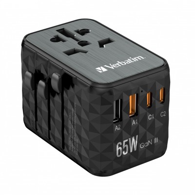 Verbatim GaN III Universal Travel Adapter (UTA-05 with 2 x USB-C PD & QC 4+ & 2 x USB-A ports)