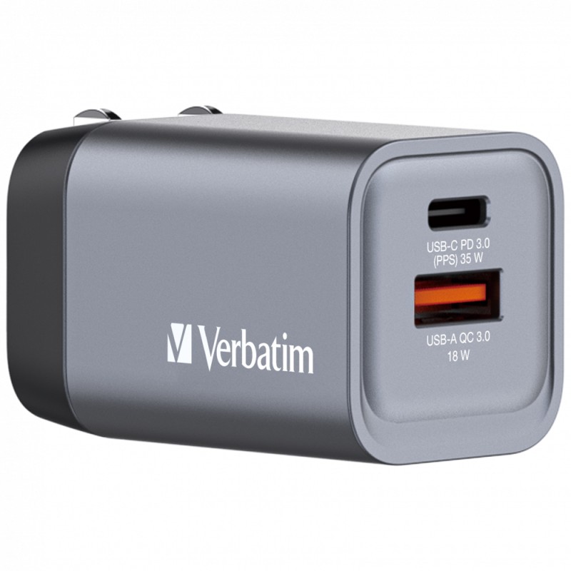 Verbatim 35W 2-Port GaN Wall Charger (1 x USB-C® PD 35W / 1 x USB-A QC 3.0)